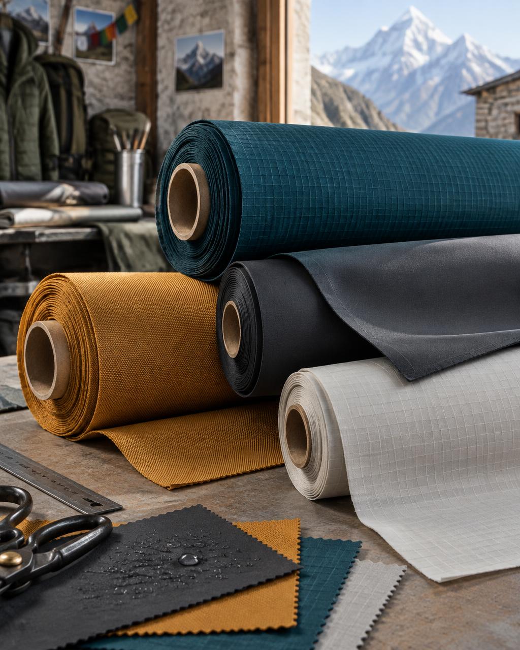 Technical fabric rolls in a Himalayan workshop